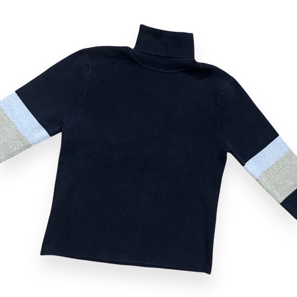 VTG 90s Women’s Eddie Bauer Cropped Navy Knit Turtleneck with Striped Sleeves - Picture 2 of 4